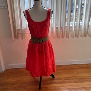 Nine West Coral-Red Sleeveless Midi Dress with Woven Belt